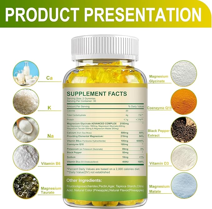 Magnesium Glycinate Gummies 400mg, Sugar Free Magnesium Taurate,Magnesium Malate Supplement with Vitamin D, B6, CoQ10 for Relaxation, Stress Relief, Muscle, Bone & Sleep Support-120 Pineapple Gummies