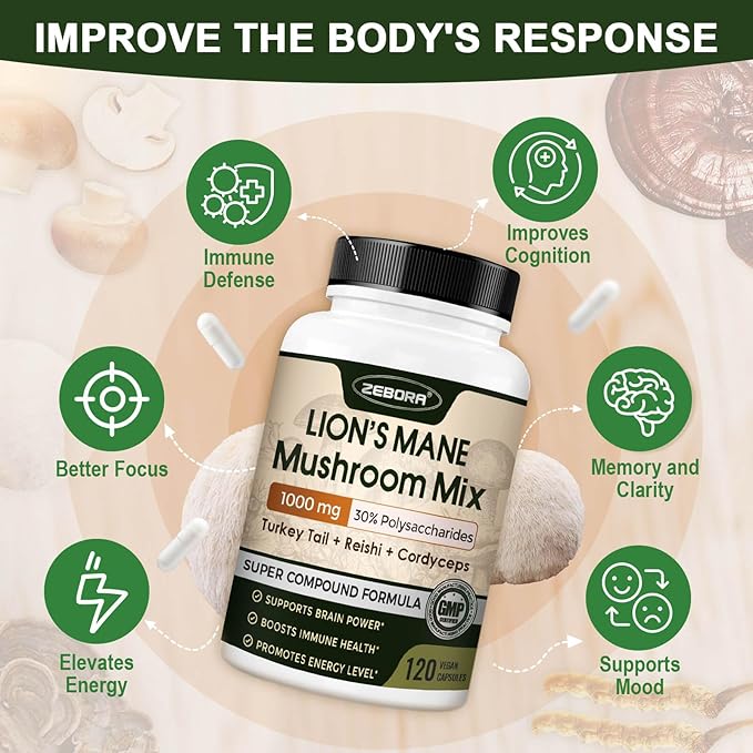 ZEBORA Lions Mane Supplement Capsules - Mushroom Supplement with Lions Mane, Cordyceps, Reishi, Turkey Tail, Shiitake - Lion's Mane Mushroom for Memory, Focus & Immune Support - 120 Vegan Capsules