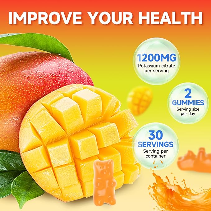 Potassium Citrate Gummies, High Potassium Supplement Gummies 1200mg Support Leg Cramps & Muscle Health, Potassium Gummies for Adults & Kids, Vegan, Mango Flavor 60 Count