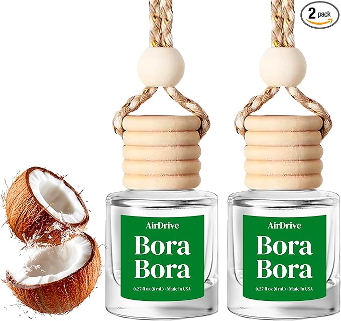 Car Air Freshener Tropical Bora-Bora 2 Pack Coconut Hanging Air Freshener Diffuser, Cute Car Accessories Air Freshner for Women & Men Gift Non-Toxic Car Scent Long Lasting Oil Diffuser Made in USA