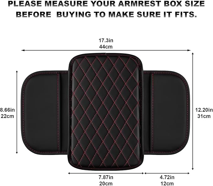 Upgraded Car Center Console Cover Fit for Land Cruiser Faux Leather Car Armrest Cover Cushion with 2 Storage Bags,Car Armrest Storage Box Interior Accessories(Black&Redline)