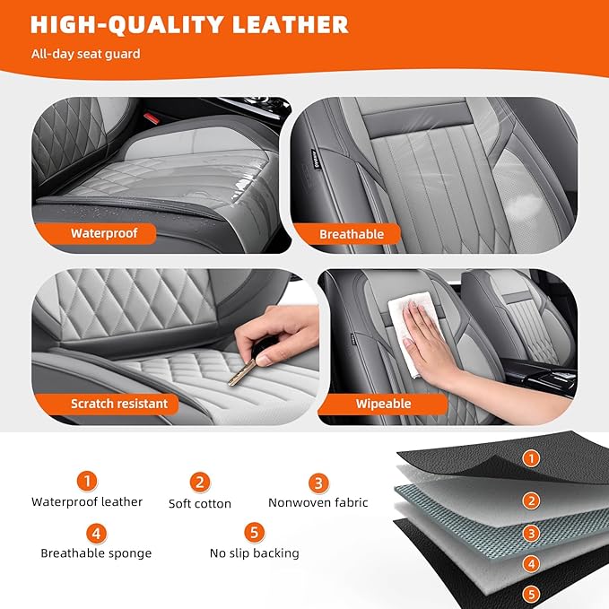 KEYOOG Universal 2-Seater Waterproof Breathable Nappa Leather Car Seat Covers Full Set, Compatible with Toyota Corolla Camry, Lexus LS400, Nissan Murano Rogue, Fit Front Seats Most Sedans SUV- Gray