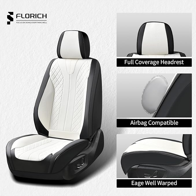 FLORICH Waterproof Front Car Seat Cover Faux Leather Automotive Seat Cover Front Car Seat Cushion Car Seat Protector Accessories Universal Fit for Most Cars SUV Trucks, Black&White