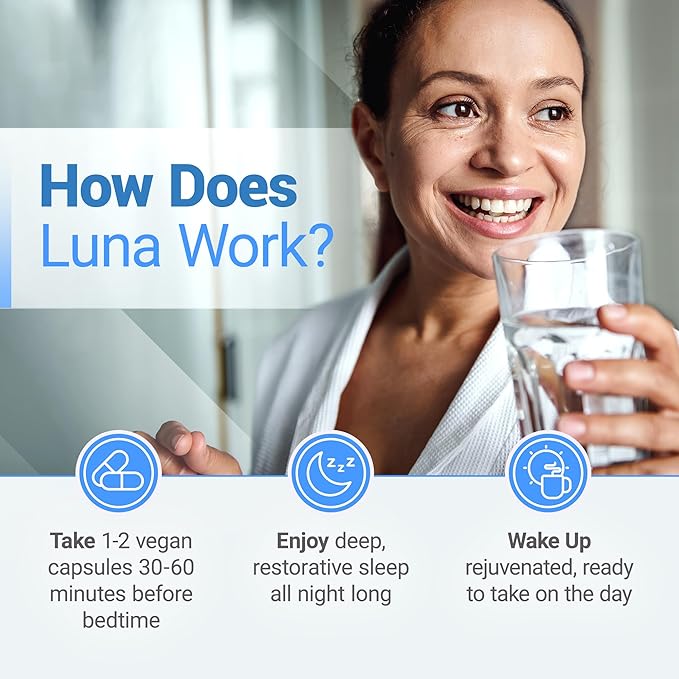 Nested Naturals Luna Sleep Supplement, Melatonin Free, Non-Habit Forming Herbal Sleep Supplement, Adult Bedtime Support, Help Sleeping w/Chamomile, Valerian, L-Theanine, 60 Vegan Capsules