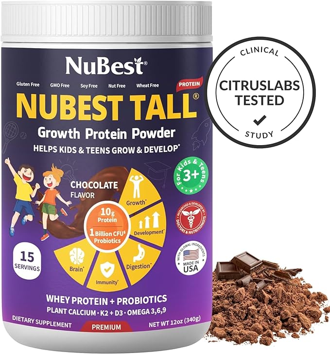 NuBest Tall Protein Powder for Kids & Teens - Whey Protein Powder - Chocolate Protein Powder Shake - Protein Drink with Probiotics, Omega 3-6-9, Vitamin D3 + K2, Calcium, Vitamin - 15 Servings