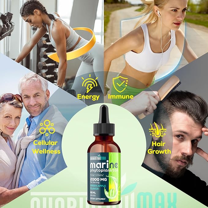 Marine Phytoplankton Drops 2000mg - High Absorption Phytoplankton Supplement with Wheatgrass & Fo-ti for Cellular Wellness, Hair Growth, Energy & Immunity | Green Apple Flavor, 60ml (Pack of 1)