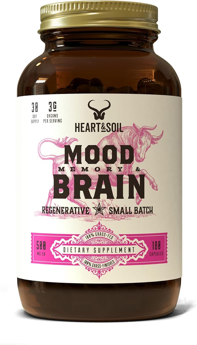 HEART & SOIL Grass Fed Beef Brain Supplement – 3000mg Brain Supplements for Memory and Focus with DHA, EPA, Choline, B12, Folate, Riboflavin, Selenium & Copper - Non-GMO, Allergen-Free - 180 Capsules