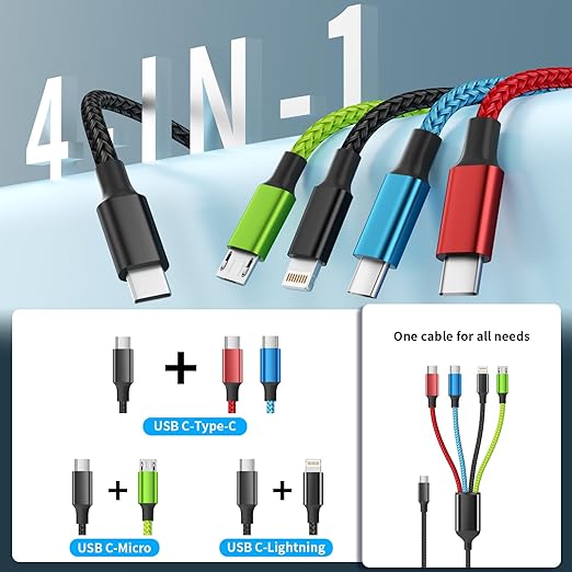 USB C Multi Charging Cable [1Pack 5FT], Dual Type-C Nylon 4 in 1 Charging Cable, Multi Chargers for All Devices with IP/Type C/Micro Port, Compatible with Most Cell Phones/Tablets and More