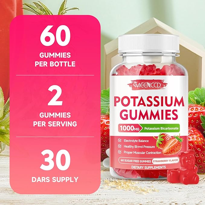 2 Pack Potassium Gummies 1000mg, Potassium Bicarbonate Supplement for Adults & Kids, Potassium Supplement for Electrolyte Balance & Muscle Heath, Sugar-Free, Strawberry Flavor, 120 Count