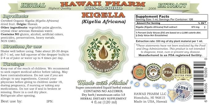 Kigelia Alcohol-Free Liquid Extract, Kigelia (Kigelia Africana) Dried Fruit Glycerite Hawaii Pharm Natural Herbal Supplement 2x32 oz Unfiltered