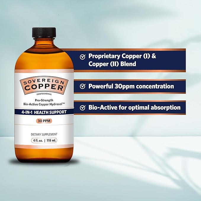 Sovereign Copper Pro-Strength Copper-Hydrosol, Bio-Active Liquid Copper Supplements for 4-in-1 Health Support, 4 fl oz