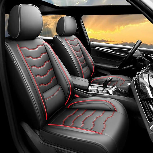 Fit Kona Car Seat Covers for Select Hyundai Kona 2018-2025 2026. Premium Leather, Waterproof， Breathable, Scratch-Resistant & All-Weather Seat Cushion Protector (Full Set, Red Line Black)