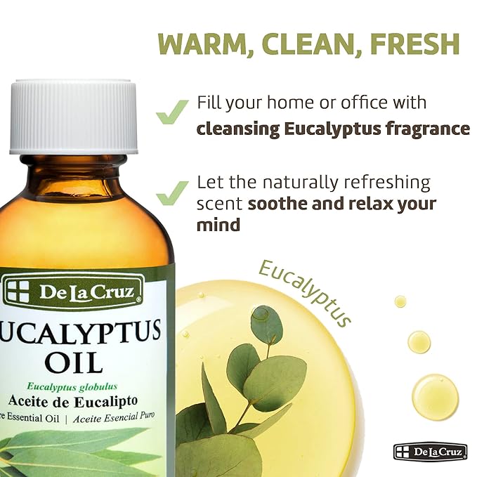 De La Cruz Eucalyptus Essential Oil Aromatherapy for Diffuser or Humidifier 100% Pure Steam Distilled Eucalyptus Globulus - 2 Fl Oz (Pack of 6)