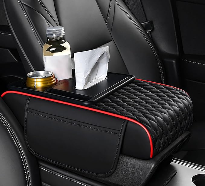 Car Armrest Center Console Cover for Lincoln Navigator L 2018–2025, Center Console Pad with Cup Holder, Multifunctional Armrest Cushion,A Black+Red