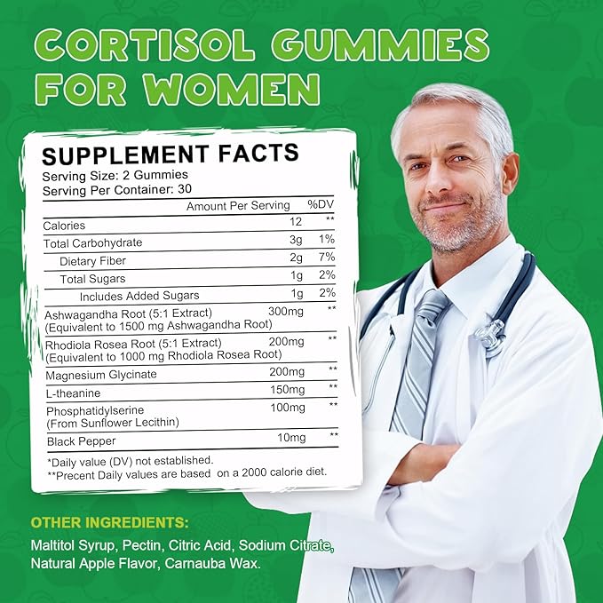 Cortisol Supplements Gummies for Women, Magnesium Ashwagandha Rhodiola Rosea and L-theanine Complex for Women, Maintain Healthy Cortisol Levels - 30 Day Vegan Supply