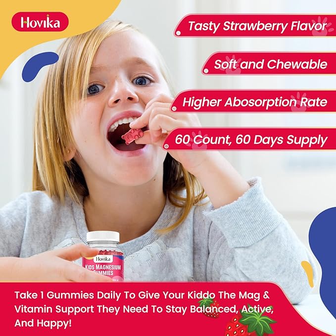 Magnesium Gummies for Kids - Magnesium Citrate + Vitamin B6 & D3 - Great Tasting Kids Magnesium Calm Gummies for Nerve Bone and Muscle Health for Kids Wellness, Vegan Strawberry Flavor 60 Count