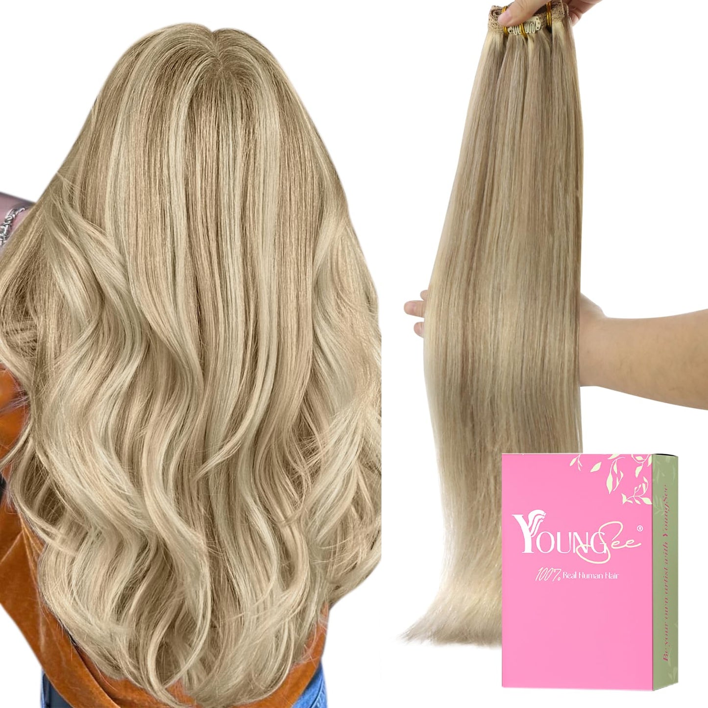 Youngsee Clip In Human Hair Extension Highlight Human Hair Clip In Extensions Light Blonde Highlighted Golden Blonde Clip In Hai