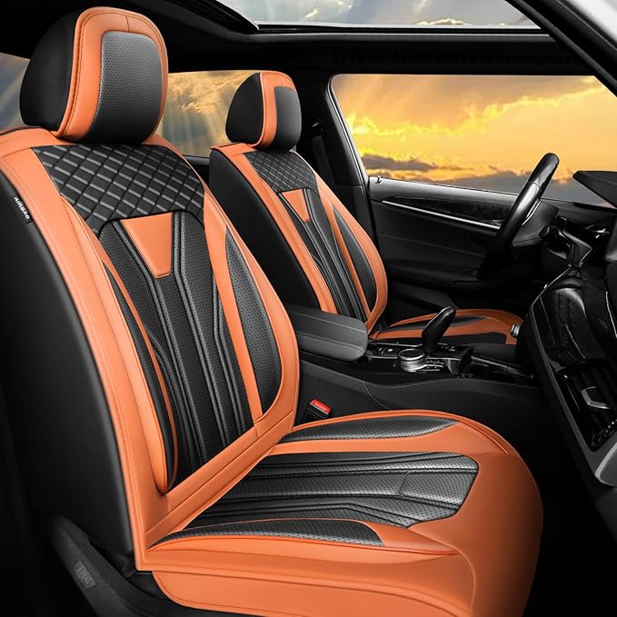 Fit Prius Car Seat Covers for Toyota Prius 2001-2025 2026 -Full Set Premium Leather, Waterproof, Breathable，All-Weather Seat Cushion Protecto & Airbag Compatible, 5-Seats Orange & Black