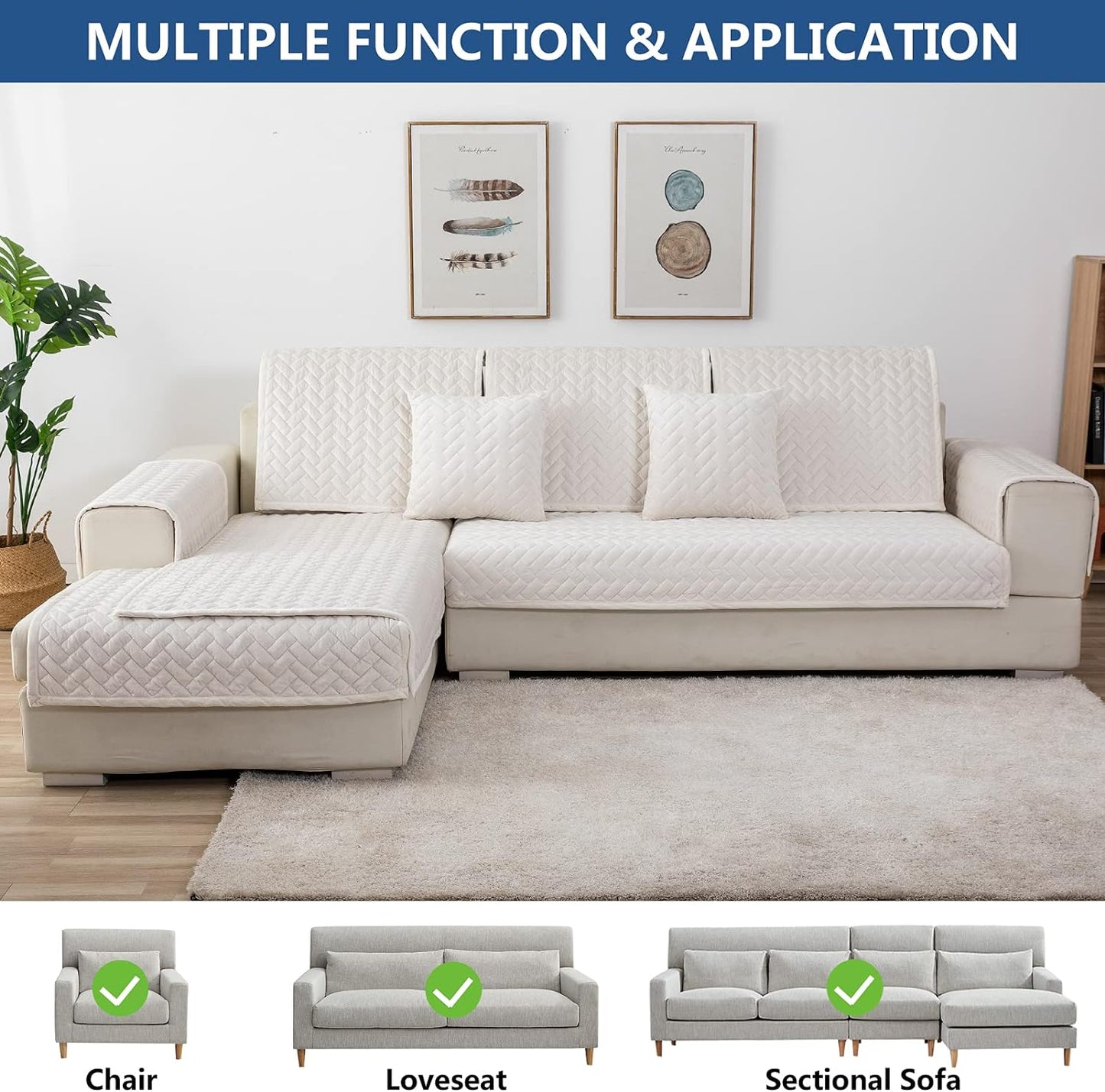 Eismodra Couch Cover,Sectional Couch Covers,Sofa Covers for 3 Cushion Couch,Anti-Slip Sofa Slipcovers for Dogs Cats Kids Loveseat Recliner L Shaped Armrest Backrest,White 36''x47''(Only 1 Piece)