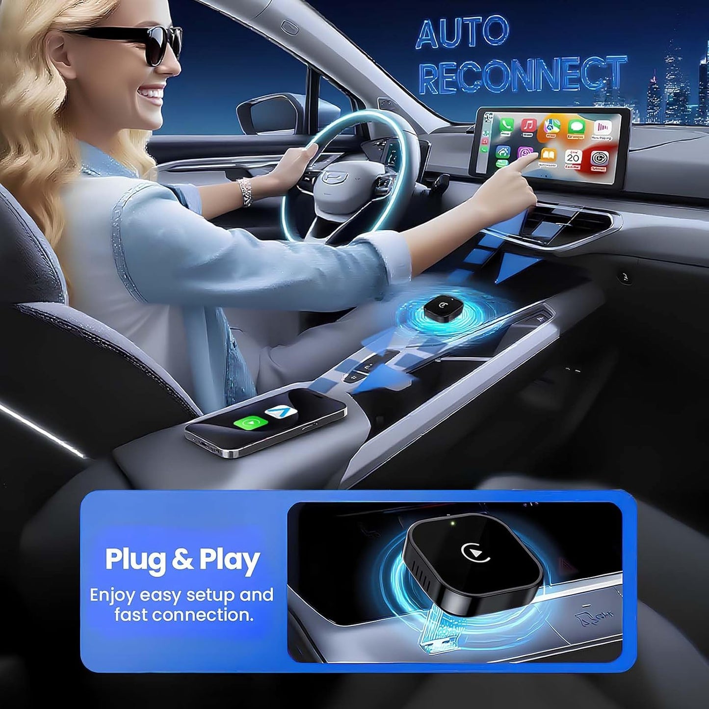 Wireless Adapter Convert Wired to Wireless for CarPlay＆Android Small Size, Plug and Play, Fast and Stable Connection
