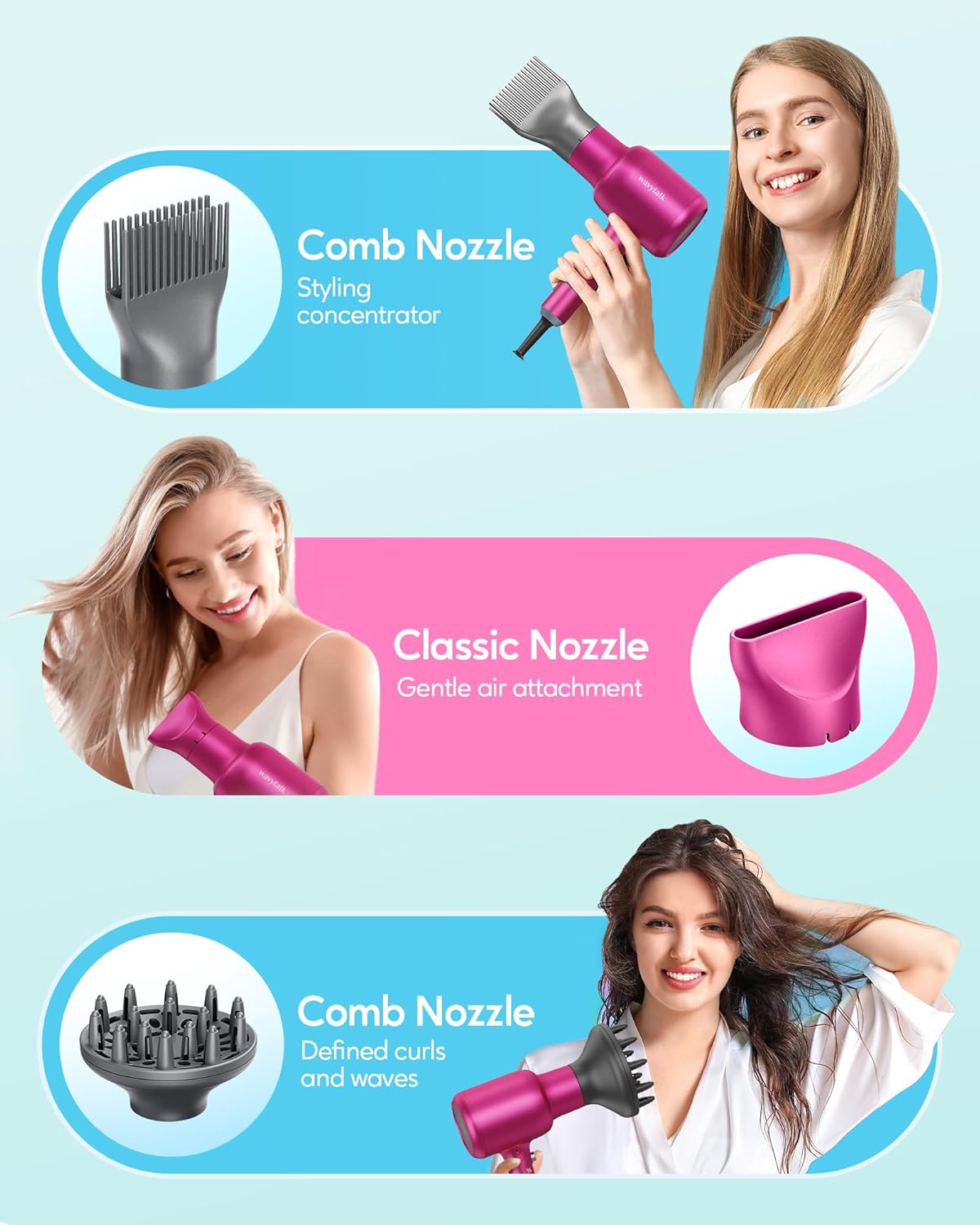 Ionic Hair Dryer for Curly Hair | 1875W Fast Drying | Diffuser & Attachments | Rose Gold