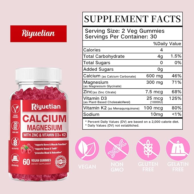 Calcium Magnesium Zinc Gummies with Vitamin D3 Supplement, Sugar Free Calcium Supplements for Women Men, Gluten-Free, Vegan Raspberry Flavor, 60 Count