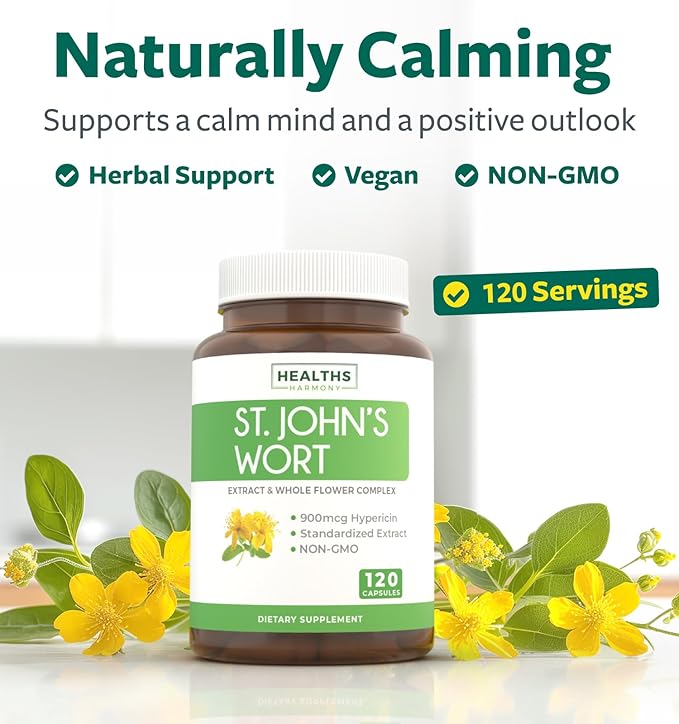 St. John's Wort - 120 Capsules (Non-GMO) Effective St Johns Wort Capsules - Powerful 900mcg Hypericin - Standardized Extract & Whole Herb Supplement - No Oil, Pills, Tea, Tincture - 500mg Per Capsule