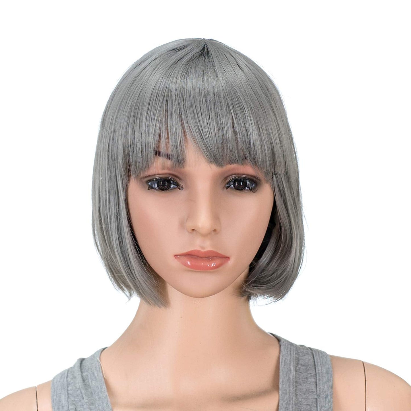 Swacc 10 Inch Short Straight Bob Wig With Bangs Synthetic Colorful Cosplay Daily Party Flapper Wig For Women With Wig Cap (Dark