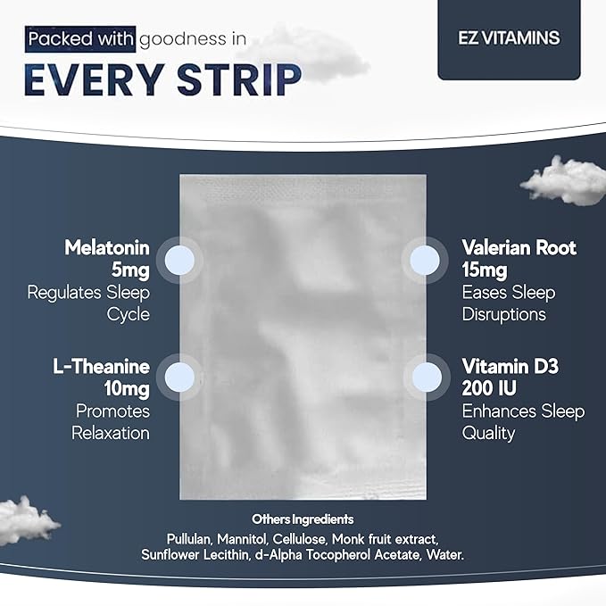 Dissolvable Oral Sleep Strips with 5 mg Melatonin, Valerian Root, L-Theanine and Vitamin B6 - Fresh Mint Flavor, No Water Needed, Works Faster Than Gummies, Sleep Support Oral Strips, 30ct