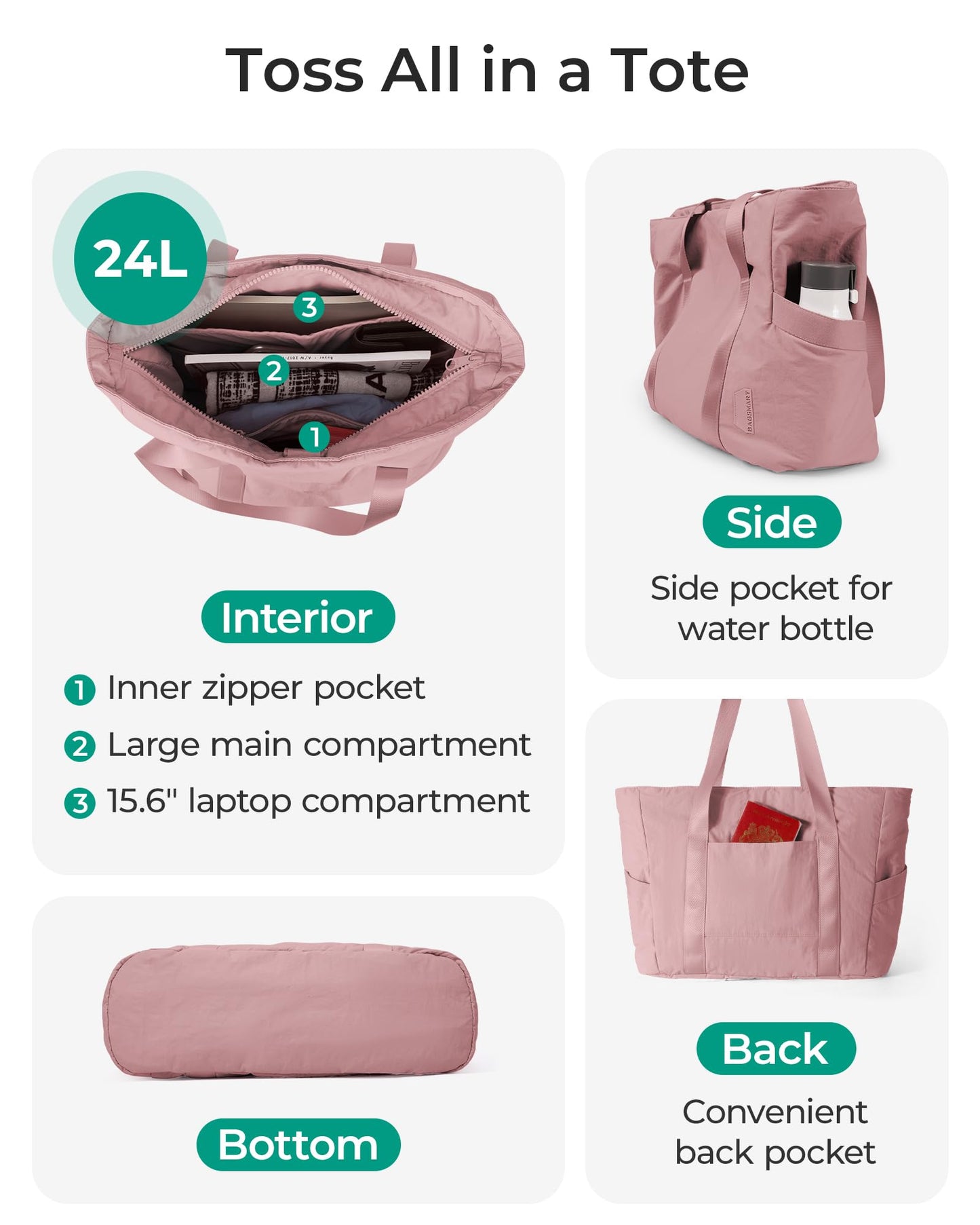 BAGSMART Tote Bag for Women with Zipper, Gym tote with Compartments, Work Tote Nurse Dance Yoga Bag for Travel