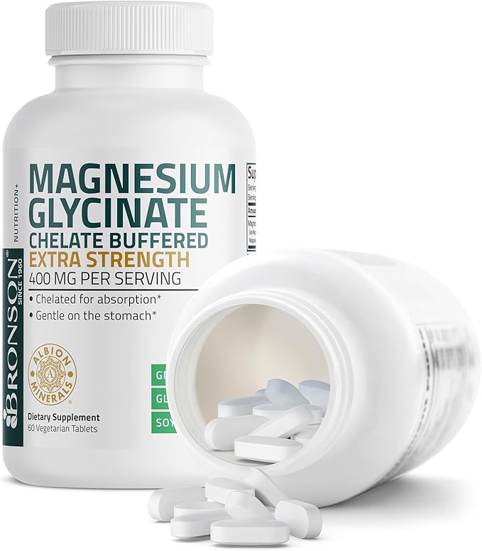 Bronson Magnesium Glycinate 400mg Extra Strength, Vegetarian, Chelated for Absorption Gentle on The Stomach, Non-GMO, 60 Tablets