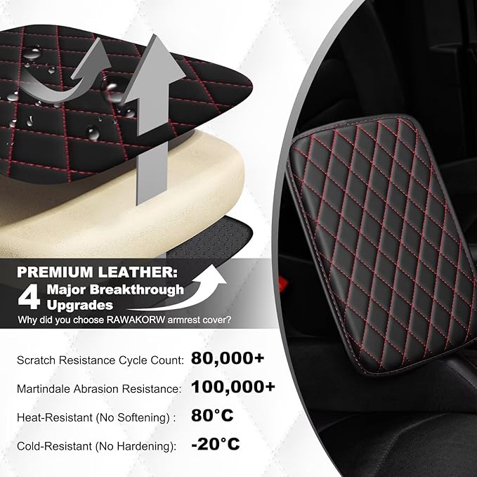 Upgraded Car Center Console Cover Fit for Highlander Faux Leather Car Armrest Cover Cushion with 2 Storage Bags,Car Armrest Storage Box Interior Accessories(Black&Redline)