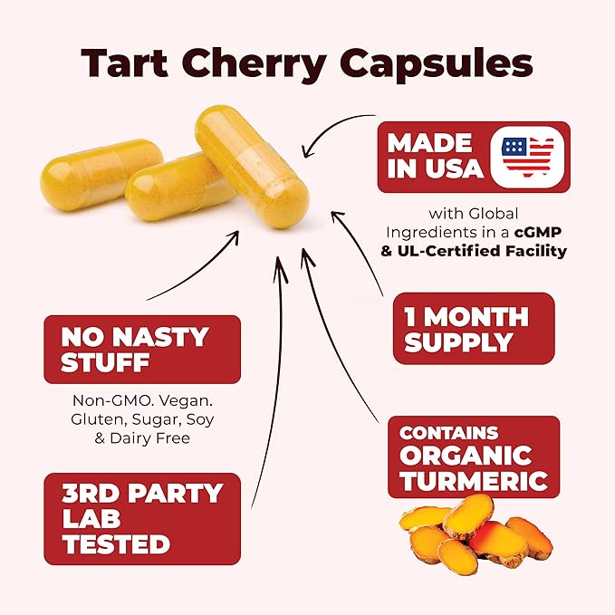 Turmeric Supplement with 10:1 Tart Cherry Extract, Turmeric Curcumin with Black Pepper & Organic Tumeric. 600mg Tart Cherry Capsules. Aids Uric Acid Balance, Joint, Muscle, Sleep Support. 2 Pack