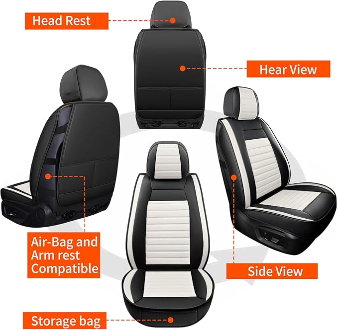 Car Seat Covers Front Pair, Breathable Nappa Leather Seat Covers for Cars, Universal Auto Interiors Car Seat Cushions for Most Sedans SUV Truck (2 PCS Front Seat, Black + Cream)
