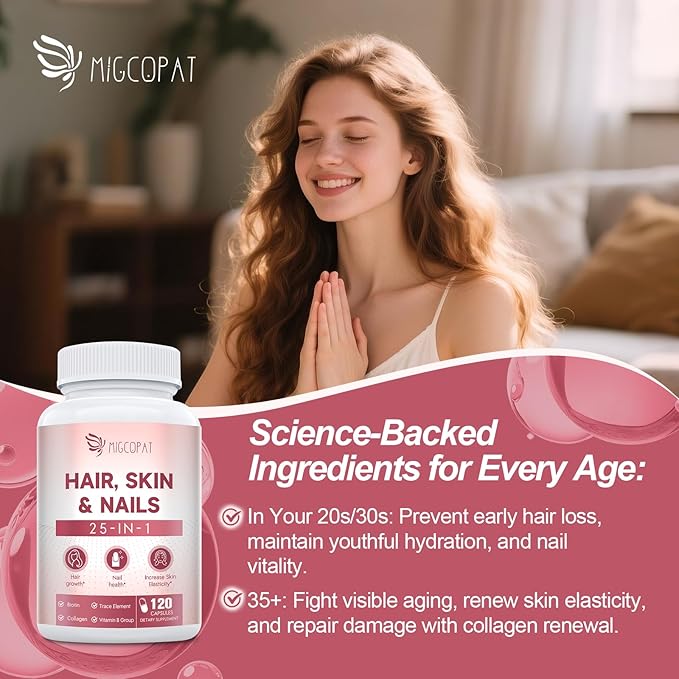 Hair, Skin & Nails Supplement - 25-in-1 Formula with Biotin 10,000mcg, Collagen, Vitamin B, C, D3, E, Folate, Iron - Supports Hair Growth, Skin Health, Nail Strength for Women - 120 Capsules