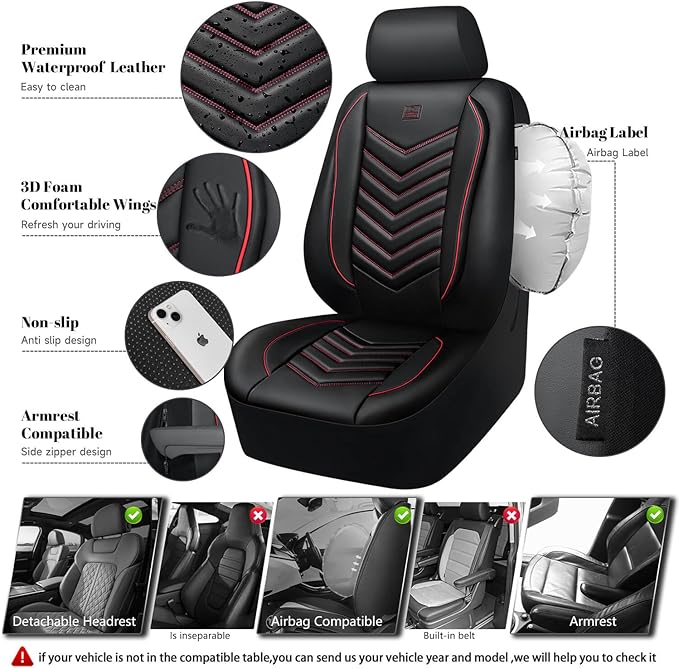 CAR PASS 3D Foam Faux Leather Car Seat Covers Full Set, Red Waterproof Leather Seat Cover for Cars,Luxury Universal Fit for SUV Truck Sedan Automotive,Armrest Airbag Compatible Anti-Slip,Black and Red