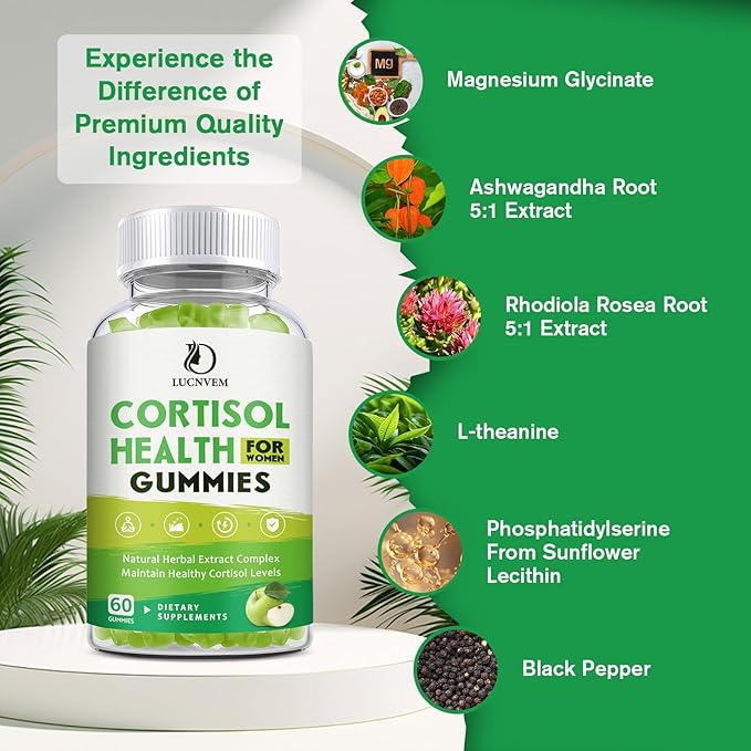 Cortisol Supplements Gummies for Women, Magnesium Ashwagandha Rhodiola Rosea and L-theanine Complex for Women, Maintain Healthy Cortisol Levels - 60 Day Vegan Supply