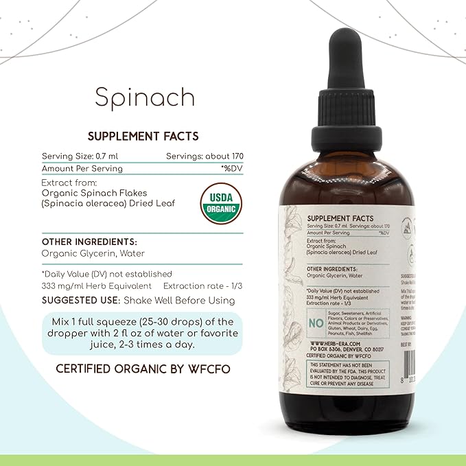 Spinach B120 USDA Organic Tincture | Alcohol-Free Extract, High-Potency Herbal Drops | Certified Organic Spinach (Spinacia oleracea) Dried Leaf (4 oz)