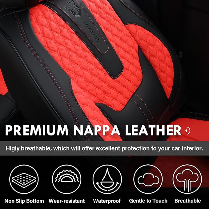 Coverado Car Seat Covers Front Seats, Luxury Faux Leather Seat Covers for Cars Waterproof Seat Covers with Lumbar Support, Car Seat Protector Universal Fit for Most Cars SUV Truck(Red&Black)