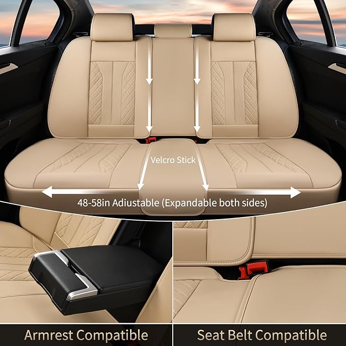 FLORICH Leather Seat Covers, Car Seat Cover Full Set Automotive Seat Covers Waterproof Car Seat Protectors 5 Seats Universal Seat Cover Fit for Most Cars SUV Trucks, Beige