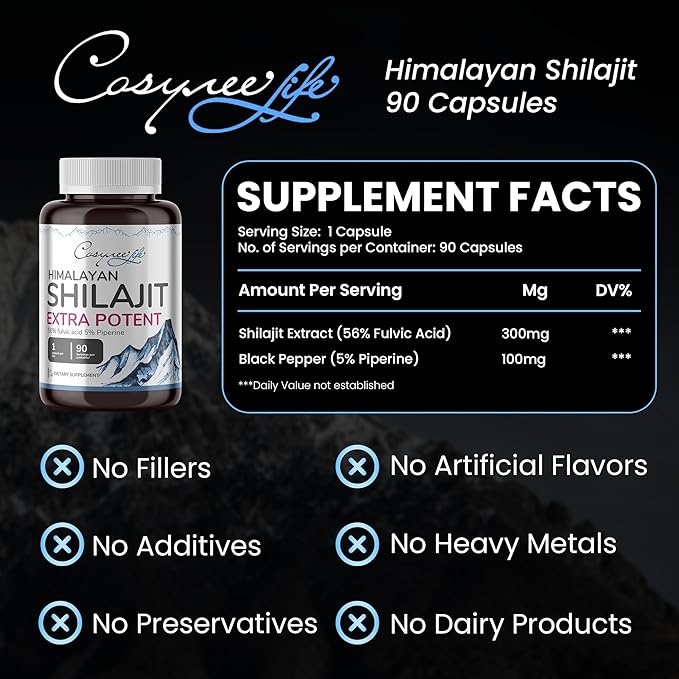 Himalayan Shilajit - Shilajit Capsules, Shilajit for Men, Shilajit for Women, 56% Fulvic Acid & 5% Piperine, 90 Caps