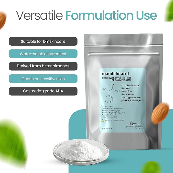 Mandelic Acid Powder 99.9% Purity, DIY Cosmetic Grade For Mandelic Acid Serum, Peel/Mask or add to Cream, Moisturizer (4 Ounce / 113 Gram)