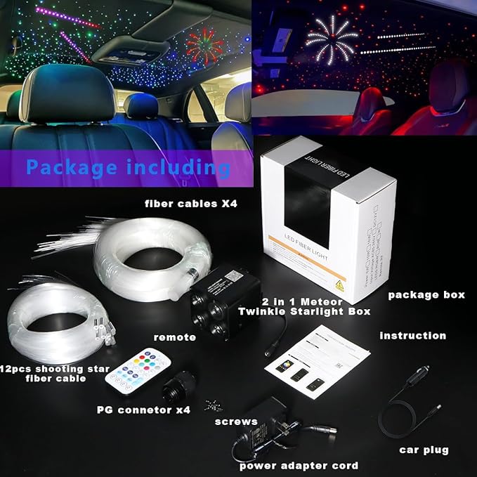 AZIMOM 4Colors 2 in 1 Meteor Twinkle Fiber Optic Starlight Headliner Kits Mixed860pcs 13.1ft Fiber Strands,RGB Meteor Shooting Star 240pcs, Sound Remote APP Control Home Ceiling Car Headliner Decor