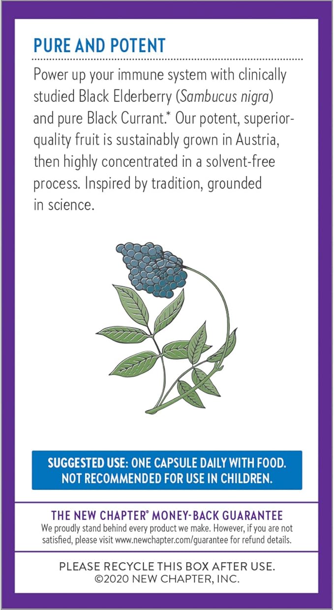 New Chapter Vegan Elderberry Capsules with 64x Concentrated Black Elderberry + Black Currant for Comprehensive Immune Support, Non-GMO Project Verified, Gluten Free, Certified Vegan, 60 Count