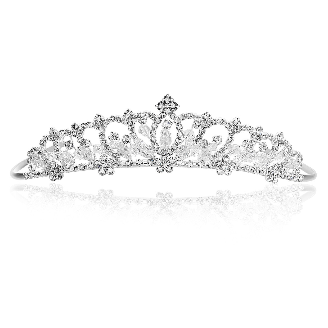 Silver Plated Flower Rhinestone Crystal Beads Bridal Tiara Crown T1003