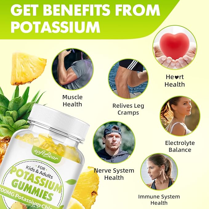 softbear Potassium Chloride Gummies 1200mg, Sugar-Free Potassium Gummies for Adults Support Leg Cramps High Potency Potassium Chloride Supplement, Pineapple Flavor 120 Count