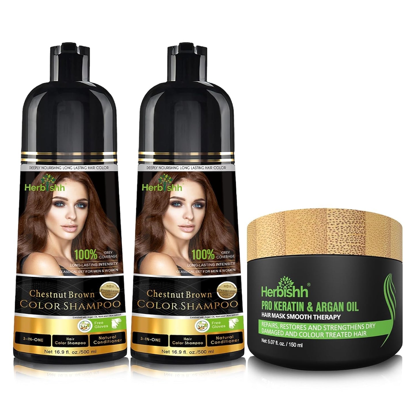 Herbishh Ultimate Hair Color Shampoo Kit(2 Pcs Chestnut Brown Hair Color Shampoo+ 1Argan Hair Mask) For Grey Hair Permanent Hair
