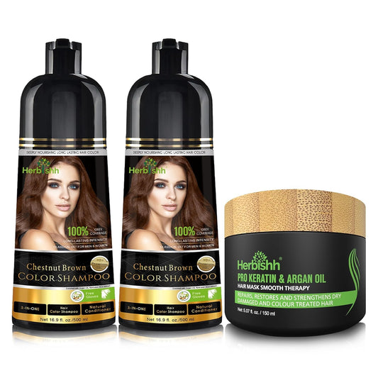 Herbishh Ultimate Hair Color Shampoo Kit(2 Pcs Chestnut Brown Hair Color Shampoo+ 1Argan Hair Mask) For Grey Hair Permanent Hair