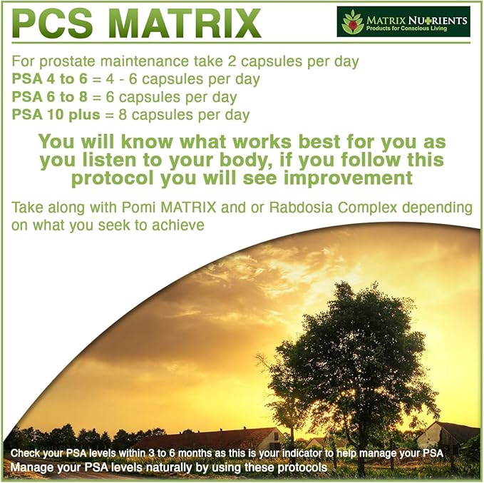 PCS Matrix - Lower PSA Levels for Healthy Prostate - 100% Natural Ingredients: Saw Palmetto, Rabdosia, Scute, Plantago Focium, Chrysantaomum, Ganoderma, Lotus Seed - Vegan Capsules (60ct)
