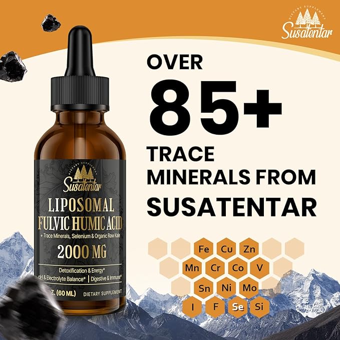 Trace Minerals Electrolytes Drops 2000 MG | Liquid Liposomal Fulvic Humic Acid Supplement | 85+ Trace Minerals | Hydration | Detoxification | Energy | pH Balance | Digestion | Immunity | 4 Oz